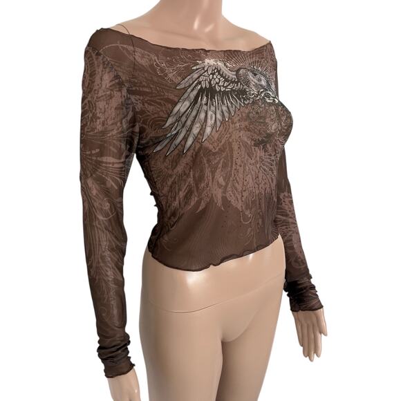 Y2K Sheer Mesh Angel Wing Heart Graphic Long Sleeve Top S Brown Tattoo Artsy - Picture 4 of 6